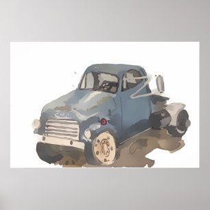 Aquarel van een blauwgrijze platbodemtruck poster