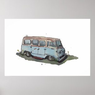 Aquarel van een roestige oude antieke bestelwagen poster