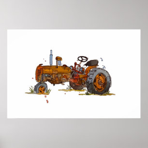 Aquarel van een roestige oude oranje tractor poster