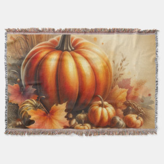 Aquarel van pompoenen en herfstbladeren in vintage deken