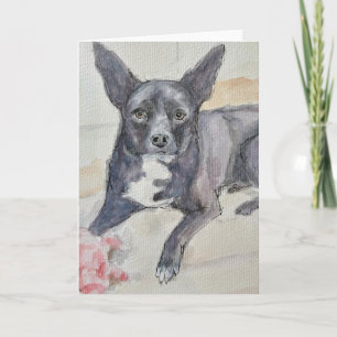 Aquarel van zwarte hond op gevouwen wenskaart kaart