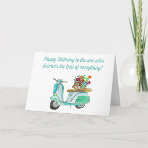 Aquarel Verjaardag Scooter Met Mandje Bloemen Kaart