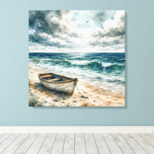 Aquarel Verweerde Roeiboot op een Kuststrand Canvas Afdruk