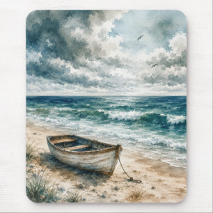 Aquarel Verweerde Roeiboot op een Kuststrand Muismat