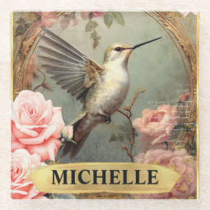 Aquarel Vintage Kolibrie en Roze Rozen Glazen Onderzetter