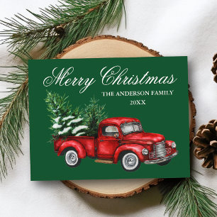 Aquarel Vintage Rode Truck Kerstmis Groen Briefkaart