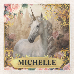 Aquarel Vintage Witte Eenhoorn en Roze Rozen Glazen Onderzetter