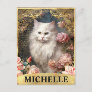 Aquarel Vintage Witte Kat en Roze Rozen Briefkaart