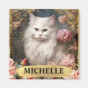 Aquarel Vintage Witte Kat en Roze Rozen Magneet