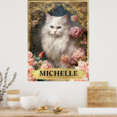 Aquarel Vintage Witte Kat en Roze Rozen Poster (Keuken)