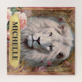 Aquarel Vintage Witte Leeuw en Roze Rozen Legpuzzel (Horizontaal)