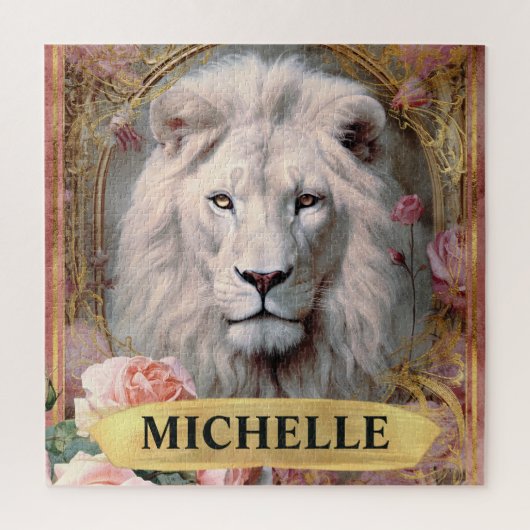 Aquarel Vintage Witte Leeuw en Roze Rozen Legpuzzel (Verticaal)