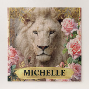 Aquarel Vintage Witte Leeuw en Roze Rozen Legpuzzel