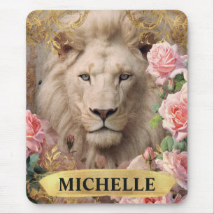 Aquarel Vintage Witte Leeuw en Roze Rozen Muismat