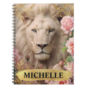 Aquarel Vintage Witte Leeuw en Roze Rozen Notitieboek