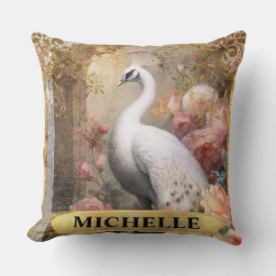 Aquarel Vintage Witte Pauw en Roze Rozen Kussen