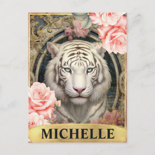 Aquarel Vintage Witte Tijger en Roze Rozen Briefkaart