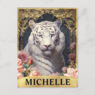 Aquarel Vintage Witte Tijger en Roze Rozen Briefkaart