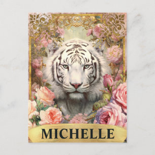 Aquarel Vintage Witte Tijger en Roze Rozen Briefkaart