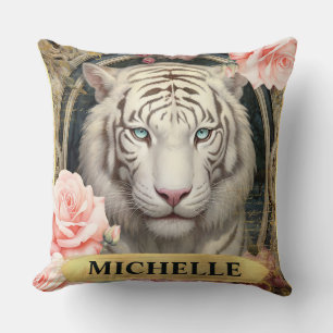 Aquarel Vintage Witte Tijger en Roze Rozen Kussen