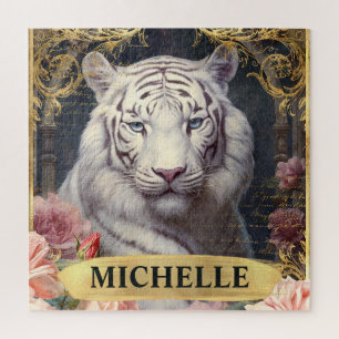 Aquarel Vintage Witte Tijger en Roze Rozen Legpuzzel