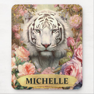 Aquarel Vintage Witte Tijger en Roze Rozen Muismat