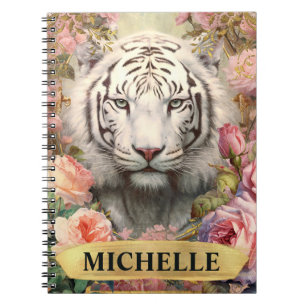 Aquarel Vintage Witte Tijger en Roze Rozen Notitieboek