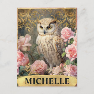 Aquarel Vintage Witte Uil en Roze Rozen Briefkaart