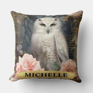 Aquarel Vintage Witte Uil en Roze Rozen Kussen