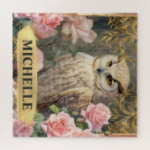 Aquarel Vintage Witte Uil en Roze Rozen Legpuzzel (Horizontaal)