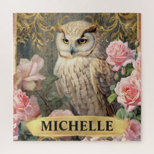 Aquarel Vintage Witte Uil en Roze Rozen Legpuzzel