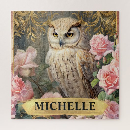 Aquarel Vintage Witte Uil en Roze Rozen Legpuzzel (Verticaal)