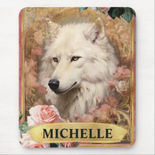 Aquarel Vintage Witte Wolf en Roze Rozen Muismat
