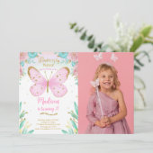 Aquarel Vlinder Verjaardagsfoto Uitnodiging (Staand voorkant)