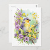 Aquarel vogel met paarse en gele bloemen  briefkaart (Voorkant / Achterkant)