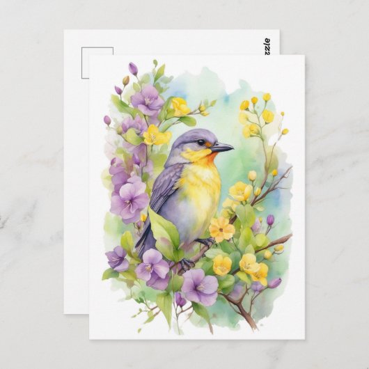 Aquarel vogel met paarse en gele bloemen  briefkaart (Voorkant / Achterkant)