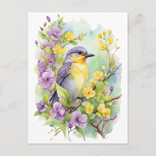Aquarel vogel met paarse en gele bloemen  briefkaart (Voorkant)