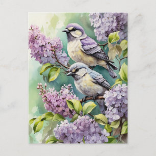 Aquarel Vogels met Bloeiende Sering Bloemen Briefkaart