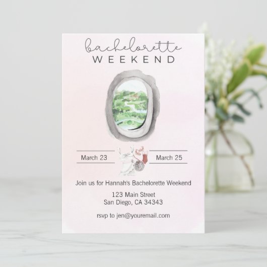 Aquarel vrijgezellen-vliegtuig-raam uitnodiging (Staand voorkant)