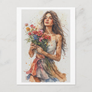 Aquarel Vrouw met Bloemen op een  Feestdagenkaart