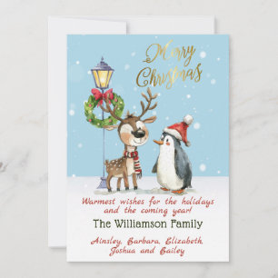 Aquarel Whimsische Rendier Pinguïn Kerstmis Feestdagenkaart