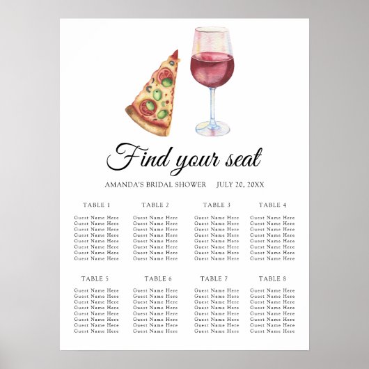 Aquarel wijn & pizza huwelijks zitplaatsenkaart poster (Voorkant)