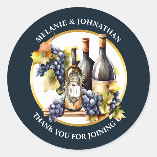 Aquarel wijnflessen druiven monogram landelijk ronde sticker (Voorkant)
