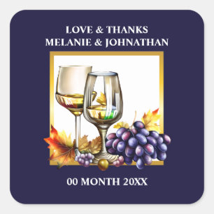 Aquarel wijnglazen druiven blauwe pruim goud boerd vierkante sticker
