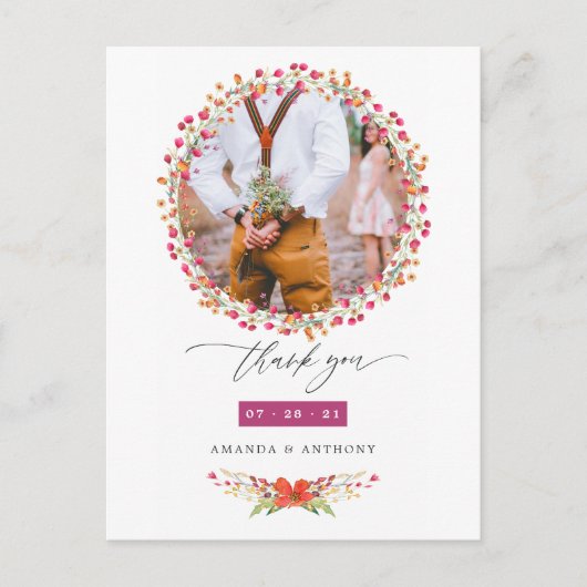 Aquarel Wilde Bloem Bruiloft Foto Bedankt Briefkaart (Voorkant)