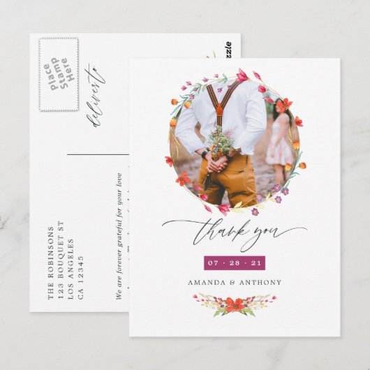 Aquarel Wilde Bloem Huwelijk Bedankt Foto Briefkaart (Voorkant / Achterkant)