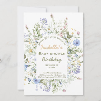 Aquarel Wilde Bloem Meisje Baby Shower Uitnodiging