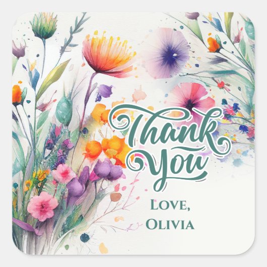 Aquarel Wilde Bloemen Dank Je Vierkante Sticker (Voorkant)