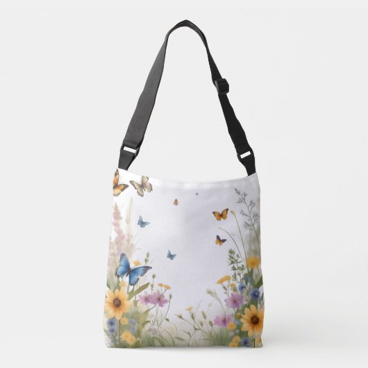 aquarel wilde bloemen grassen en vlinders, crossbody tas (Voorkant)