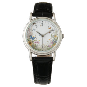 aquarel wilde bloemen grassen en vlinders, horloge